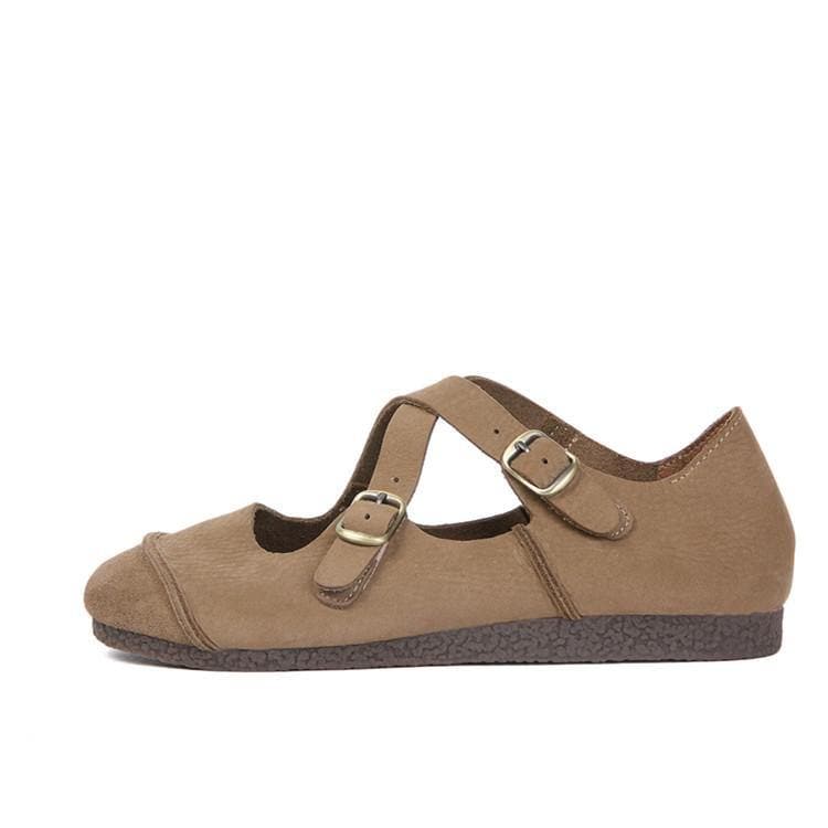 Splicing Brown Flat Feet Shoes Buckle Strap Flats PDX210706