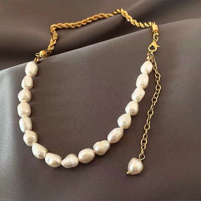 Splicing Stainless Steel Necklaces Charm Jewelry NCJSO05 French Baroque Pearl Touchy Style