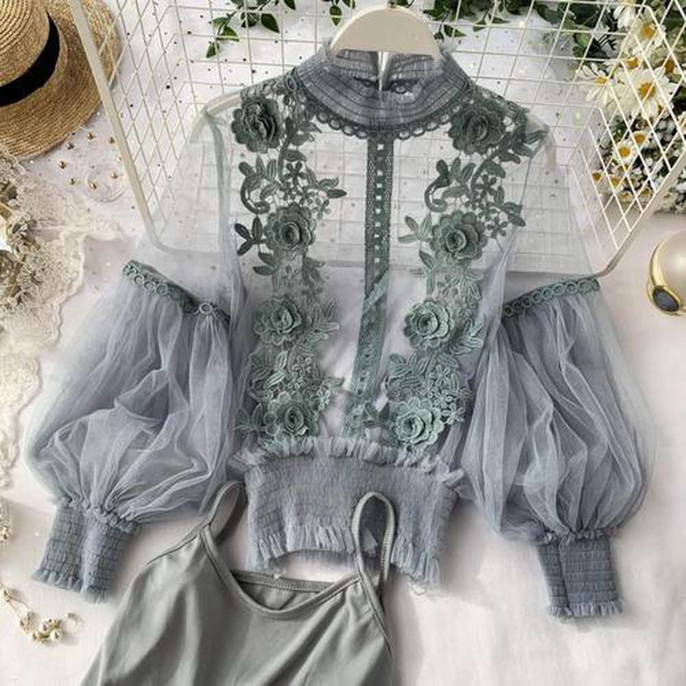 Women Sheer Lace Blouse Lantern Sleeve dylinoshop