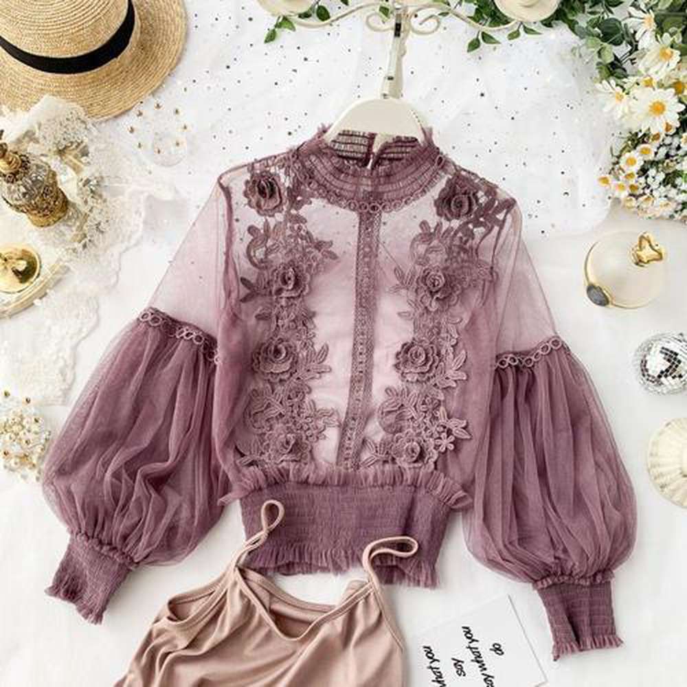 Women Sheer Lace Blouse Lantern Sleeve dylinoshop