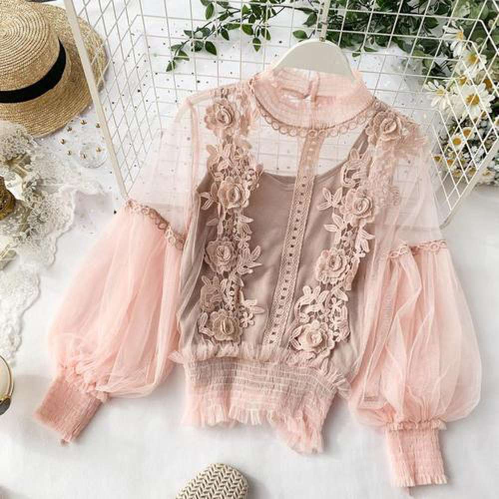 Women Sheer Lace Blouse Lantern Sleeve dylinoshop