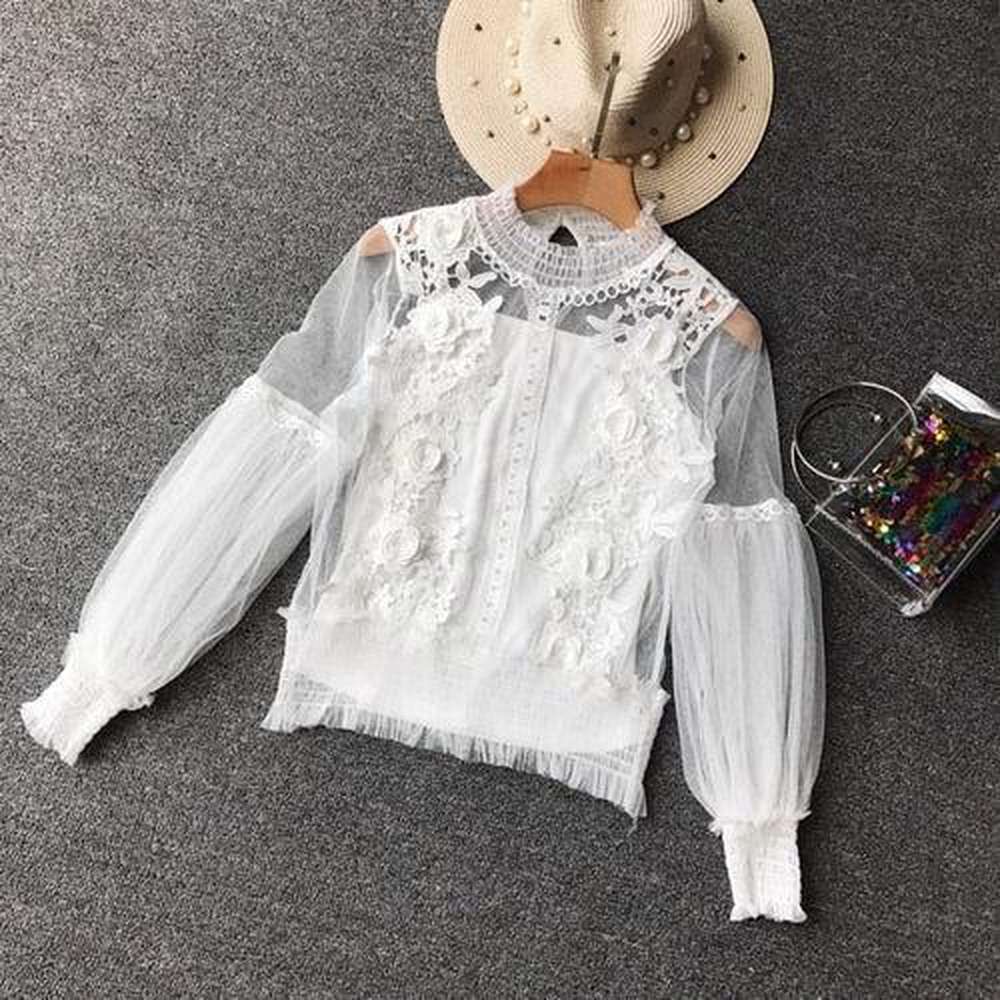 Women Sheer Lace Blouse Lantern Sleeve dylinoshop