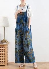 Spring original literary fashion retro ethnic style blue printed loose denim overalls AM-LPTS200509