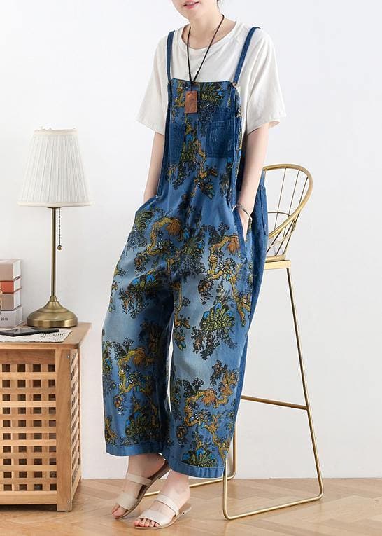 Spring original literary fashion retro ethnic style blue printed loose denim overalls AM-LPTS200509