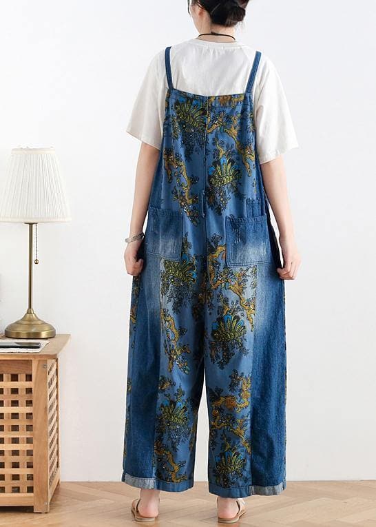 Spring original literary fashion retro ethnic style blue printed loose denim overalls AM-LPTS200509