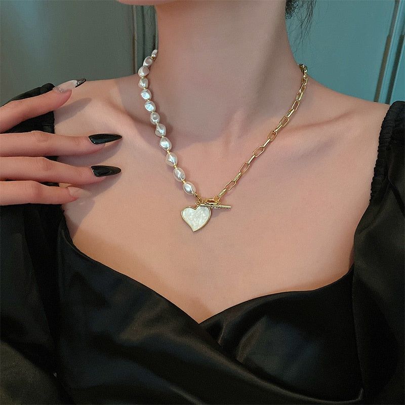 Stainless Steel Necklaces Charm Jewelry NCJSO40 Imitation Baroque Pearl Heart Touchy Style