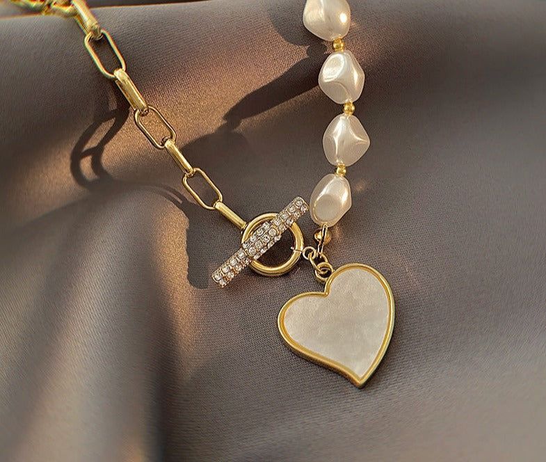 Stainless Steel Necklaces Charm Jewelry NCJSO40 Imitation Baroque Pearl Heart Touchy Style