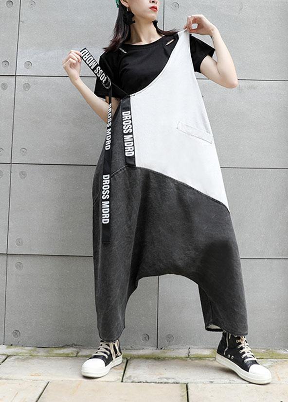 Strap  retro black gray patchwork overalls casual pants jeans women dylinoshop