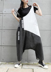 Strap  retro black gray patchwork overalls casual pants jeans women AT-JPTS190717