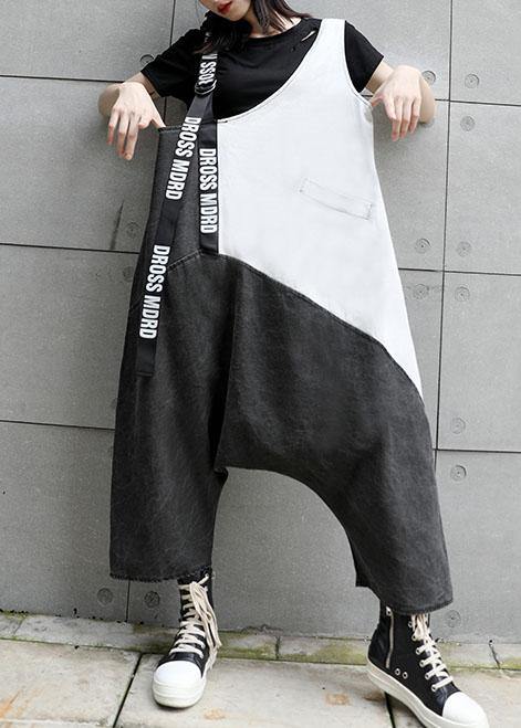 Strap  retro black gray patchwork overalls casual pants jeans women dylinoshop