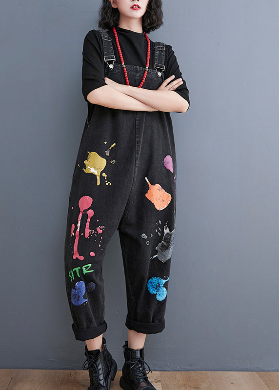 Streetwear Black painting Print Denim Jumpsuit Spring dylinoshop