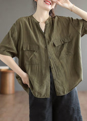 Style Army Green V Neck Solid Wrinkled Button Cotton Shirt Tops Short Sleeve GK-STP220804