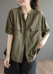 Style Army Green V Neck Solid Wrinkled Button Cotton Shirt Tops Short Sleeve GK-STP220804