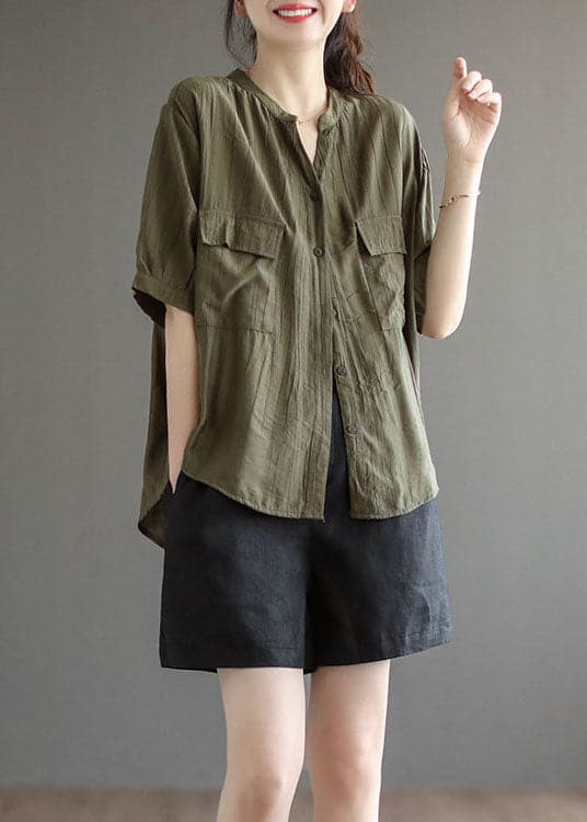 Style Army Green V Neck Solid Wrinkled Button Cotton Shirt Tops Short Sleeve GK-STP220804