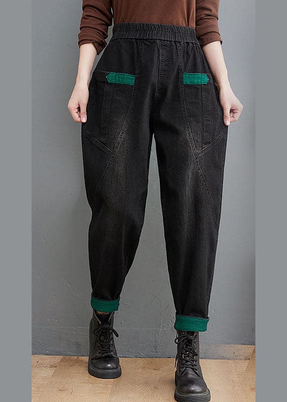 Style Black Pockets Patchwork denim Pants Spring YLHC-LPTS211124