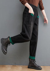 Style Black Pockets Patchwork denim Pants Spring YLHC-LPTS211124