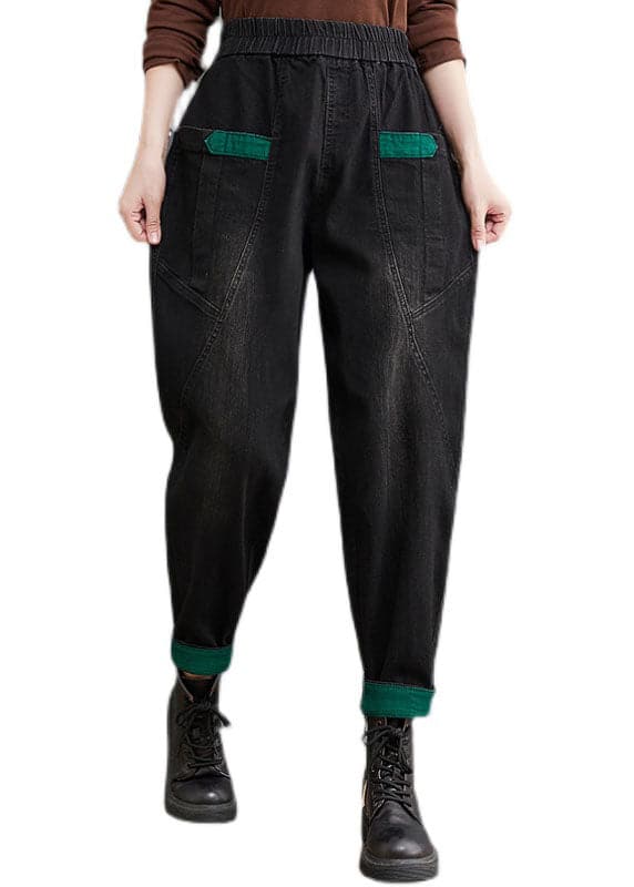 Style Black Pockets Patchwork denim Pants Spring YLHC-LPTS211124