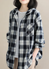 Style Black White Plaid hooded Button Fall Top Long sleeve GK-LTP210910