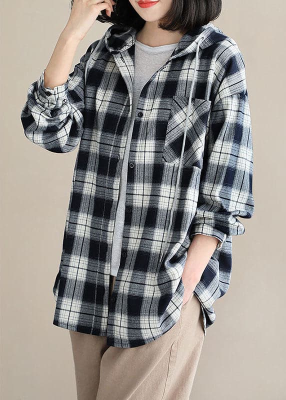 Style Black White Plaid hooded Button Fall Top Long sleeve GK-LTP210910