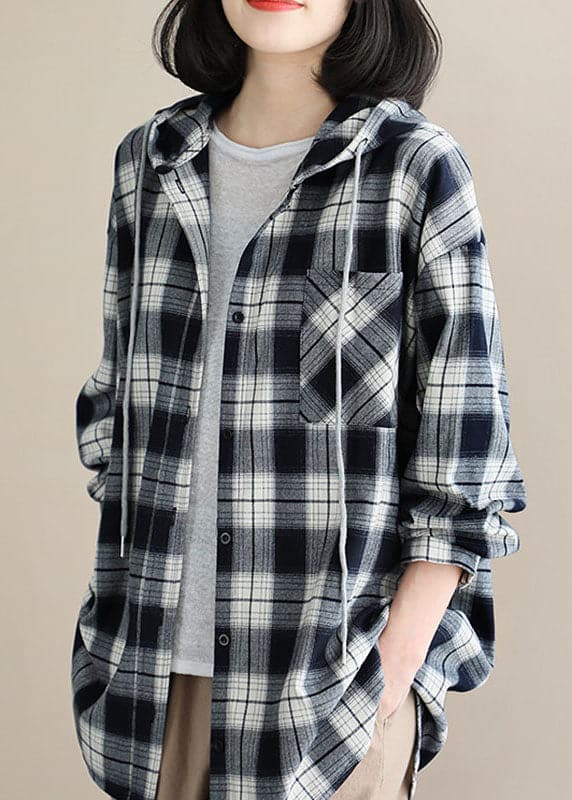 Style Black White Plaid hooded Button Fall Top Long sleeve GK-LTP210910