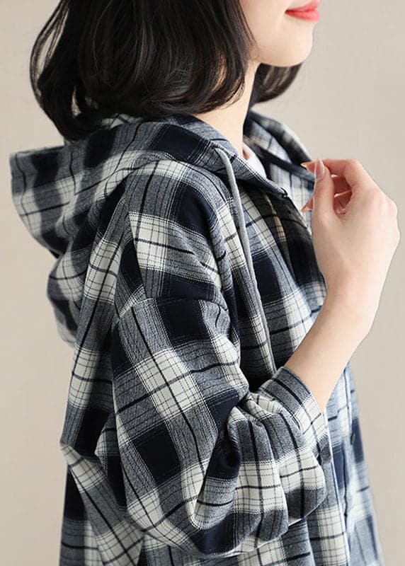 Style Black White Plaid hooded Button Fall Top Long sleeve GK-LTP210910