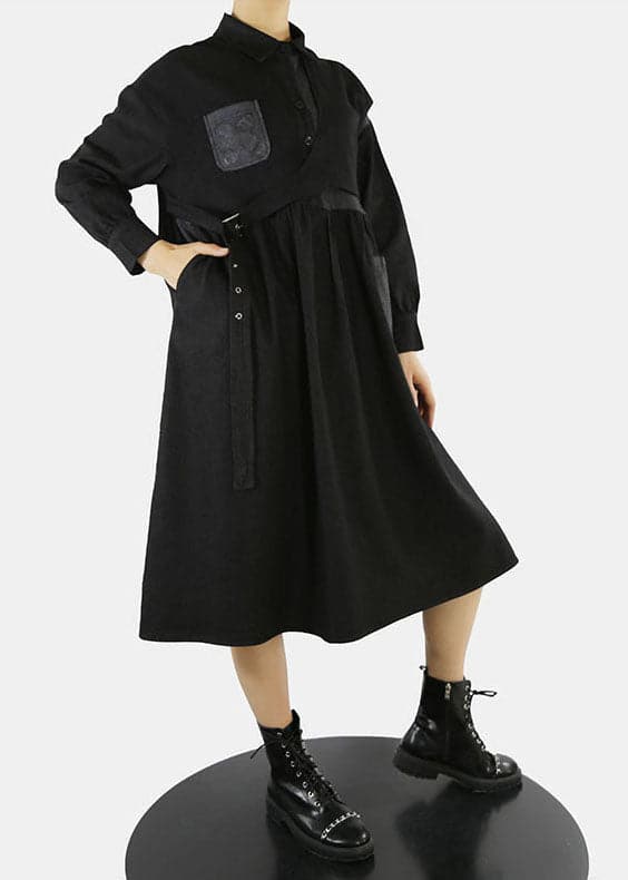 Style Black asymmetrical design Cinched Peter Pan Collar denim Dress Spring ZM-FDM220216