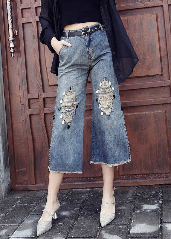 Style Blue High Waist Pockets Side Open Sequins Cotton Denim Crop Pants Summer NZ-CPTS22060701