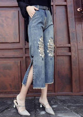 Style Blue High Waist Pockets Side Open Sequins Cotton Denim Crop Pants Summer NZ-CPTS22060701