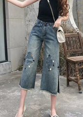 Style Blue High Waist Pockets Side Open Sequins Cotton Denim Crop Pants Summer NZ-CPTS22060701