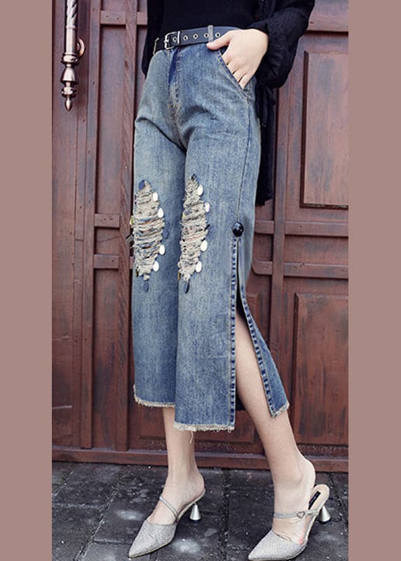 Style Blue High Waist Pockets Side Open Sequins Cotton Denim Crop Pants Summer NZ-CPTS22060701