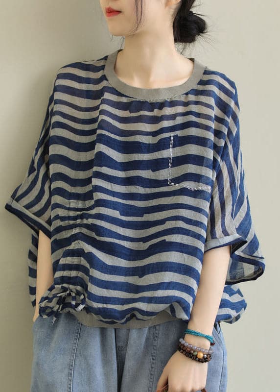 Style Blue O-Neck Drawstring Striped Print Linen Tank Top Batwing Sleeve GK-STP220623