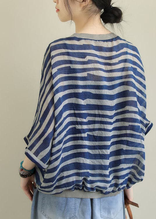 Style Blue O-Neck Drawstring Striped Print Linen Tank Top Batwing Sleeve GK-STP220623