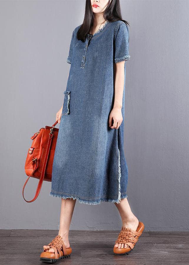 Style Blue O-Neck Tassel Pocket Side Open Cotton Vacation Denim Dresses Short Sleeve nz-SDL220526