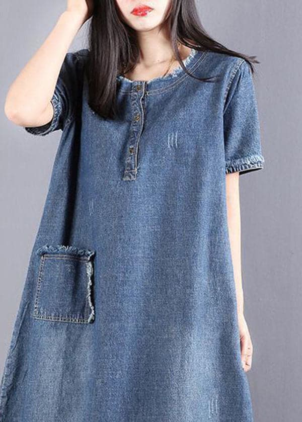 Style Blue O-Neck Tassel Pocket Side Open Cotton Vacation Denim Dresses Short Sleeve nz-SDL220526