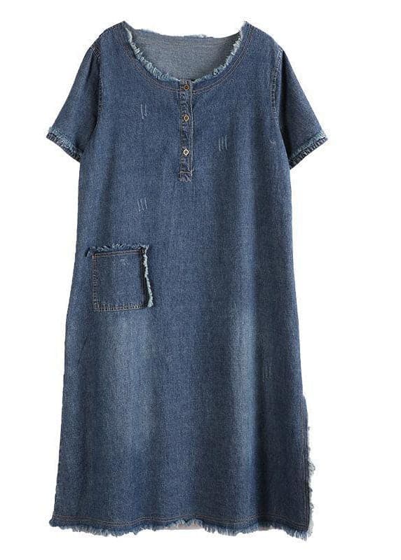 Style Blue O-Neck Tassel Pocket Side Open Cotton Vacation Denim Dresses Short Sleeve nz-SDL220526