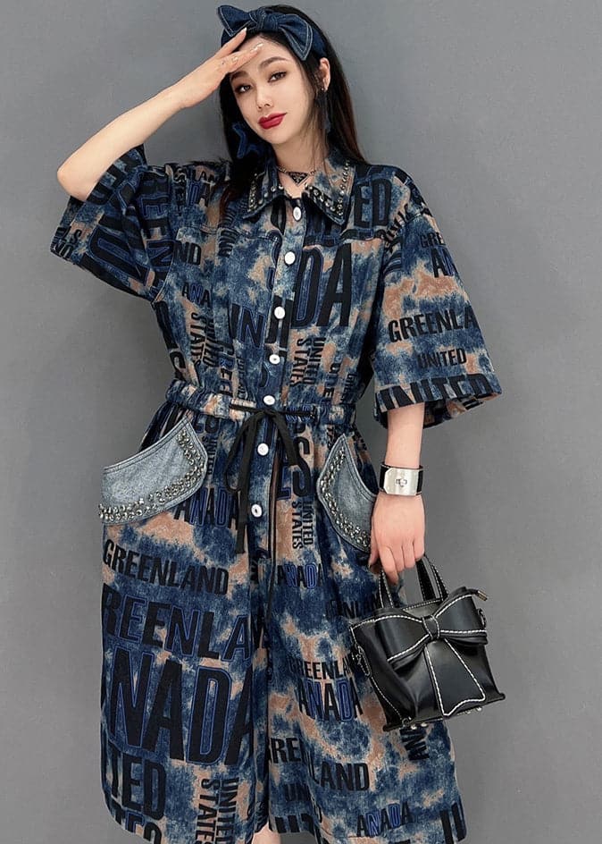 Style Blue Peter Pan Collar Letter Print Diamond Cotton Denim Jumpsuit Half Sleeve JDML-JPTS220608