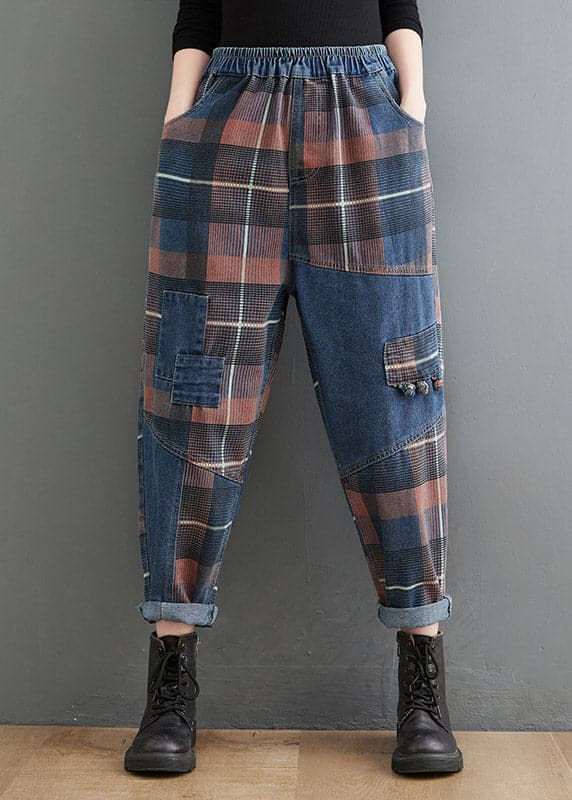 Style Blue Plaid Pockets elastic waist Patchwork Denim Pants Spring YLHC-LPTS220318