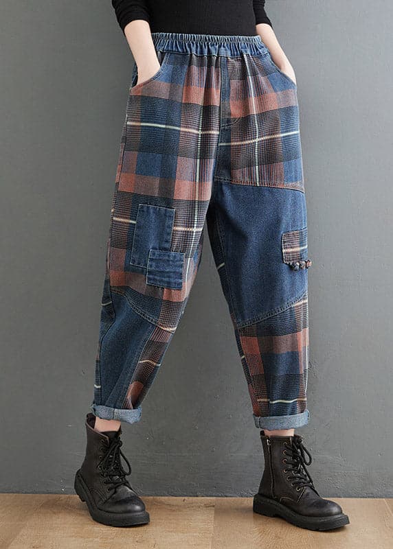 Style Blue Plaid Pockets elastic waist Patchwork Denim Pants Spring YLHC-LPTS220318