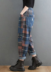 Style Blue Plaid Pockets elastic waist Patchwork Denim Pants Spring YLHC-LPTS220318