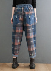 Style Blue Plaid Pockets elastic waist Patchwork Denim Pants Spring YLHC-LPTS220318