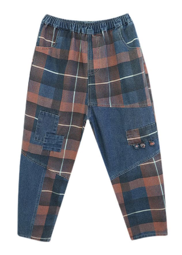 Style Blue Plaid Pockets elastic waist Patchwork Denim Pants Spring YLHC-LPTS220318