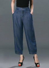 Style Denim Blue High Waist Pockets Cotton Crop Pants Summer nz-CPTS220519