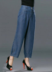 Style Denim Blue High Waist Pockets Cotton Crop Pants Summer nz-CPTS220519