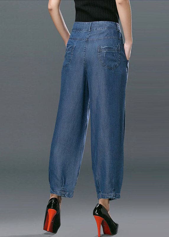 Style Denim Blue High Waist Pockets Cotton Crop Pants Summer nz-CPTS220519