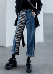 Style Denim Blue Pockets Patchwork Plaid Cotton Straight Crop Pants Fall AH-CPTS220706