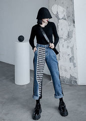 Style Denim Blue Pockets Patchwork Plaid Cotton Straight Crop Pants Fall AH-CPTS220706