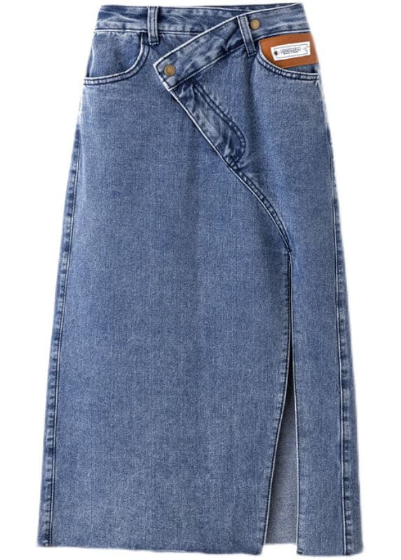 Style Denim Light Blue High Waist Side Open Button Asymmetrical Pockets Cotton A Line Skirts Summer nz-SKTS220519