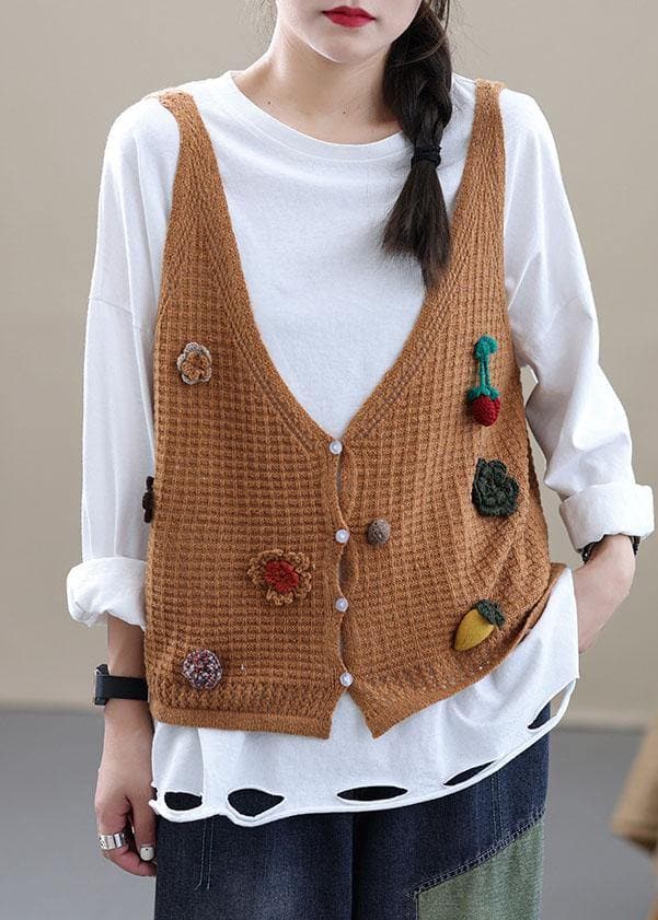 Style Khaki Embroideried Floral Fall Shirt Knit Vest Sleeveless GK-VTP210810