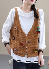 Style Khaki Embroideried Floral Fall Shirt Knit Vest Sleeveless GK-VTP210810