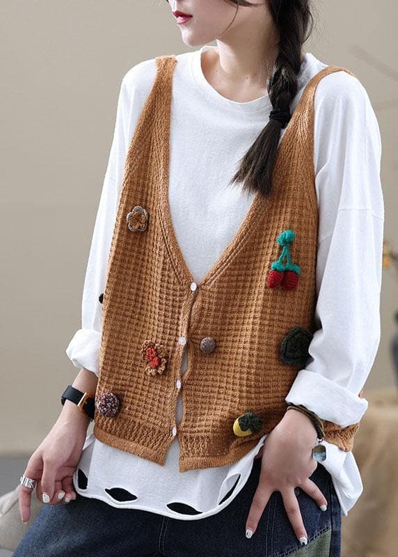 Style Khaki Embroideried Floral Fall Shirt Knit Vest Sleeveless GK-VTP210810